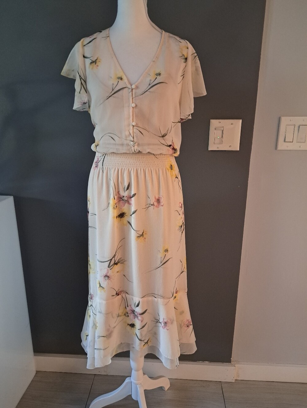 NWT White House Black Market Cream Midi Dress with Pink & Yellow Floral Print